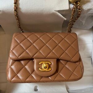 Chanel Mini Square Flap Bag with Brushed Gold Accents